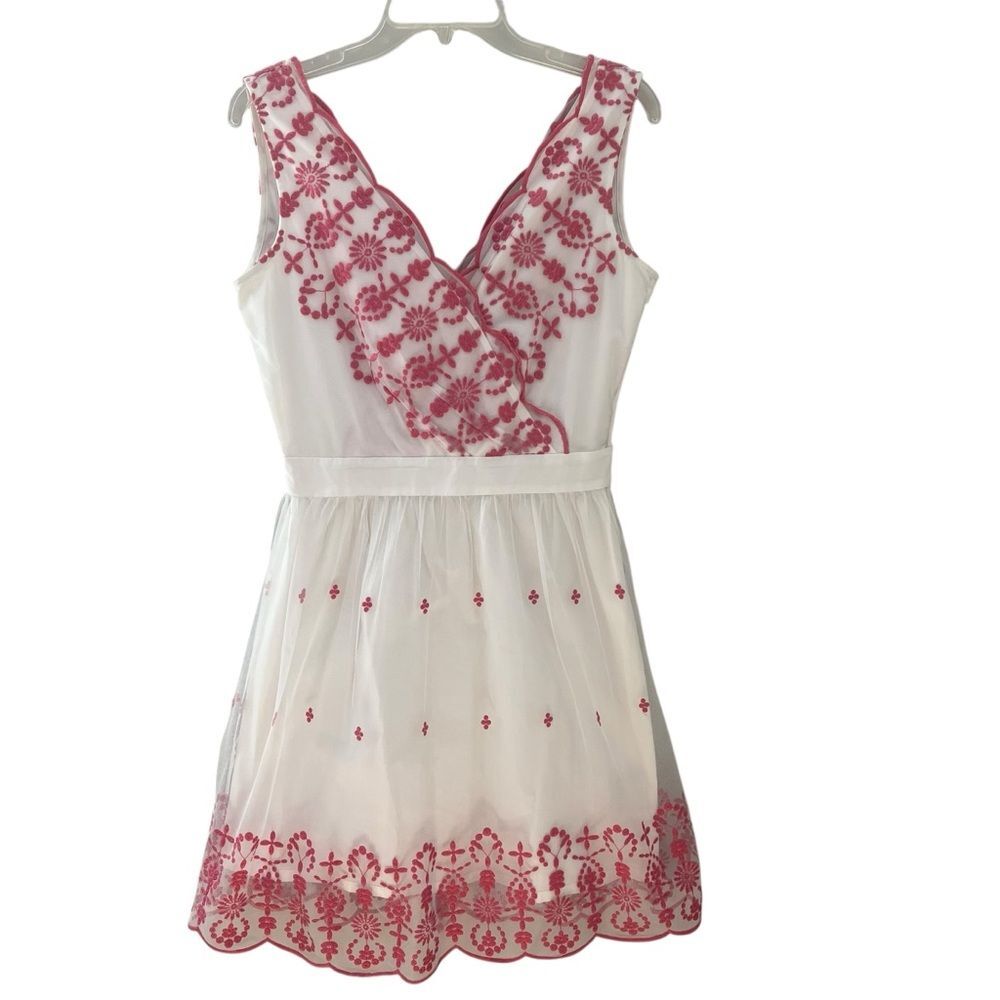 Garnet Hill Pink Floral Embroidered Tulle Overlay Mini Fit and Flare Dress US 8
